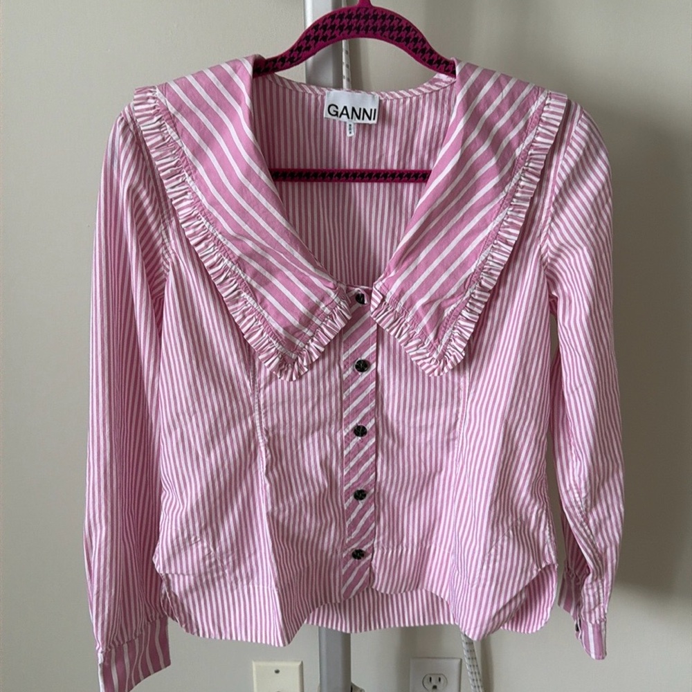 GANNI cotton white pink striped button down top blouse, size US 6 - Picture 6 of 11
